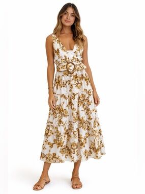 slim fit dress slacks La Lune Plunged Halter Midi Dress | Lemon | Dresses main image 1